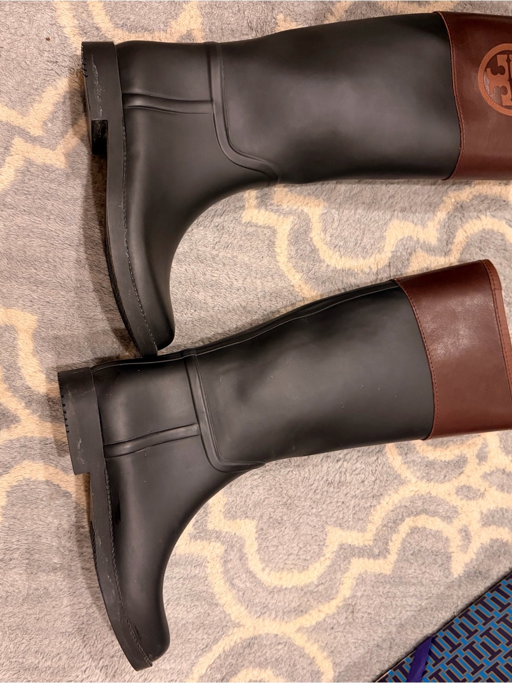 Tory Burch Black Rubber & Brown Leather Logo Rain Boots - Picture 3 of 5